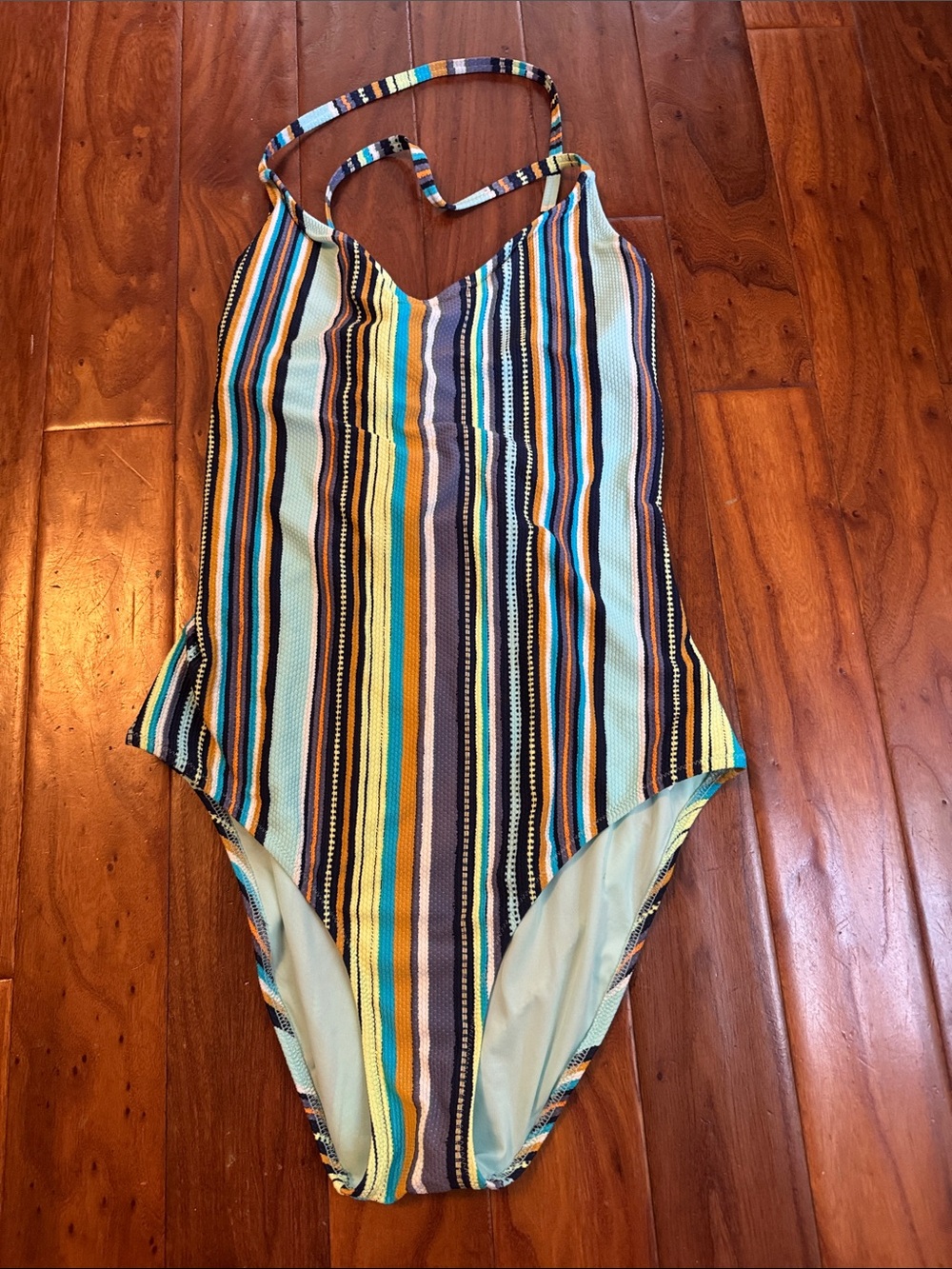 aerie Striped One-Piece Swimsuit in Blue, Yellow, Navy, Orange, size large long
